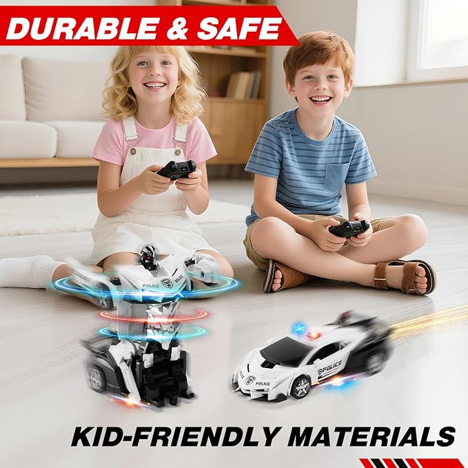 2.4G Remote Control Transformer Car, Rechargeable RC Police Car Toy with Flashing Lights, Convertible Robot & Vehicle, Gift for Kids,Police Transformer Cars for Boys 4 5 6 7 8 9 10 11 12 (Black/White)