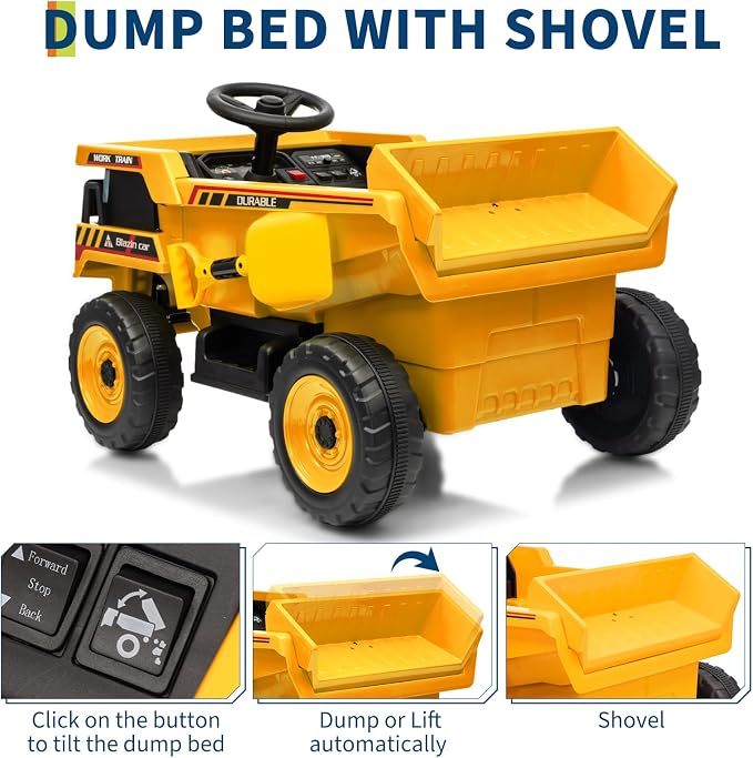 Garvee 12V Ride On Dump Truck for Kids, Ride On Car with Remote Control, Construction Vehicles with Dump Bed & Shovel, Ride-On Toys 16.5 in Spacious Seat, Music, Headlights, Soft Start, Yellow