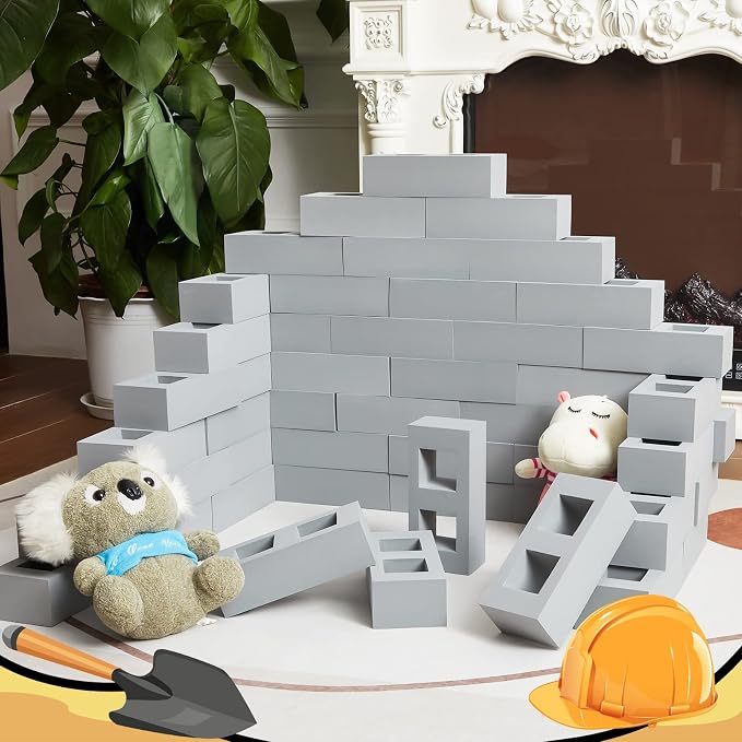 Deekin Foam Brick Building Blocks for Kids Thick Blocks Foam Large Fake Brick Construction Toy for Stacking Construction Gifts, 8 x 4 x 2.4 in(20 Pcs,Square Holes)