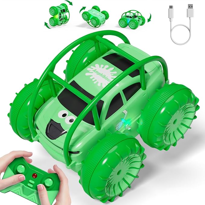 Remote Control Car, Fast Direct Charging RC Cars Amphibious Rechargeable Stunt Car 360° Rotating LED 2.4Ghz 4WD All Terrain Water-Resistant Toy Christmas Birthday Gift for Kids Boys