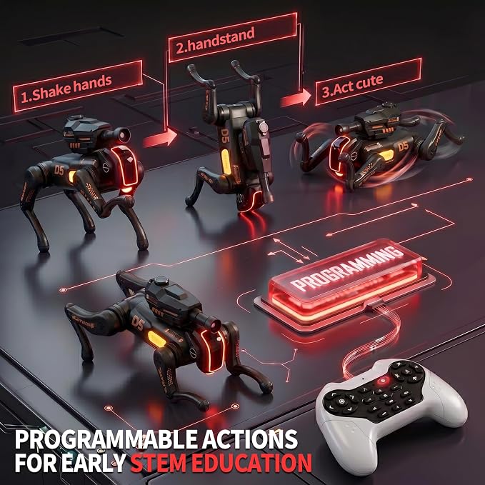 Remote Control Robot Dog Toy with Safe Soft Projectile Launcher, Upgraded Stable RC Smart Puppy with 30+ Stunts, Smart Programmable Interaction, Screen-Free STEM Gift for Kids Age 6-12(Black)