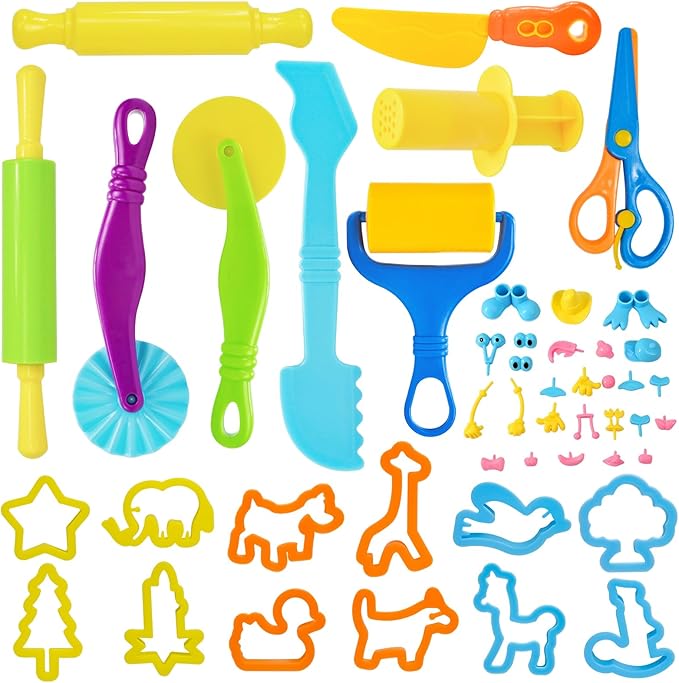 LCY WEDSHI Dough Tool Set, 47 Pcs Dough Tools Sets for Kids Ages 4-8, Dough Accessories Includes Animal Molds, Cutters Roller, Rolling Pins, Safety Scissors, Plastic Knife