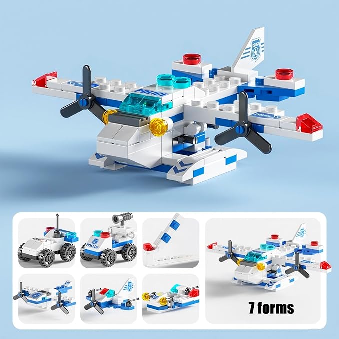 Sky Police Airplane Building Blocks Toy – 137 PCS STEM Construction Set, 7-in-1 Transformable Model Kit for Kids Ages 6-12, Creative Aircraft Toys for Boys & Girls (Police, Rescue, Fighter Jet)