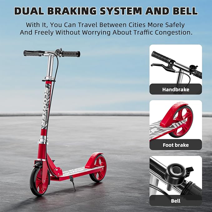 Scooters for Kids 8-12, Teens & Adults - Lightweight, Foldable, 8-Inch Big Wheels, Hand Brake & Bell, 4 Adjustable Height Levels, 240 lbs Max Load, Perfect for School, Campus and Park Rides