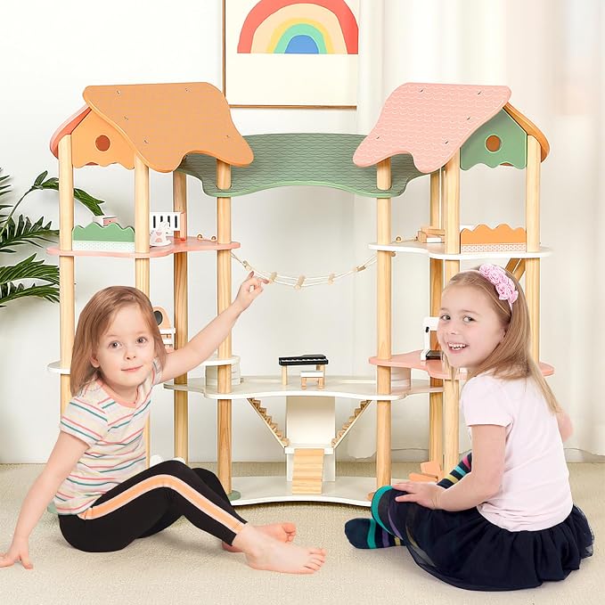 Costzon Wooden Dollhouse for Kids, 3-Story Luxury Doll House with 32 Pieces Furniture Accessories, 7 Rooms, Stairs & Balcony, DIY Pretend Dollhouse Playset, Gift for Girls Toddlers Ages 3+ (Colorful)