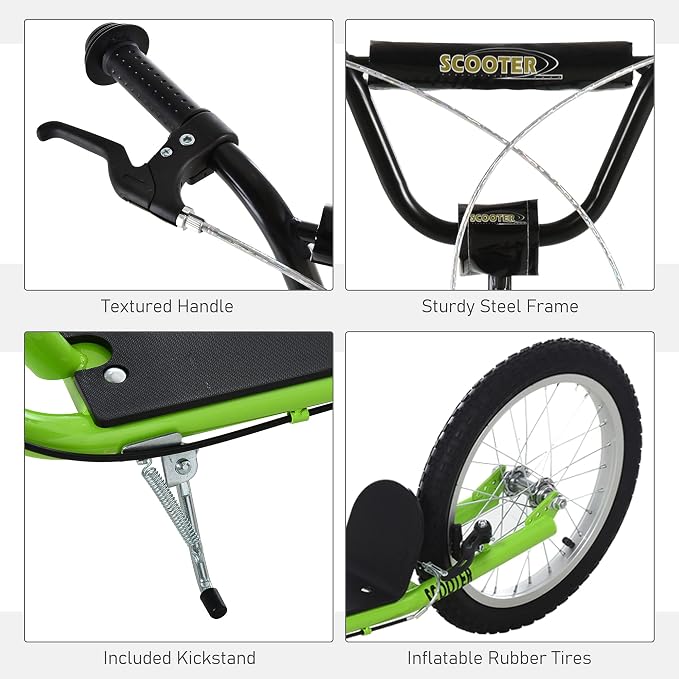 Aosom Youth Scooter Kick Scooter for Kids 5+, Max Load 220 LBS., with Adjustable Handlebar, 16" Inflatable Wheels, Dual Brakes
