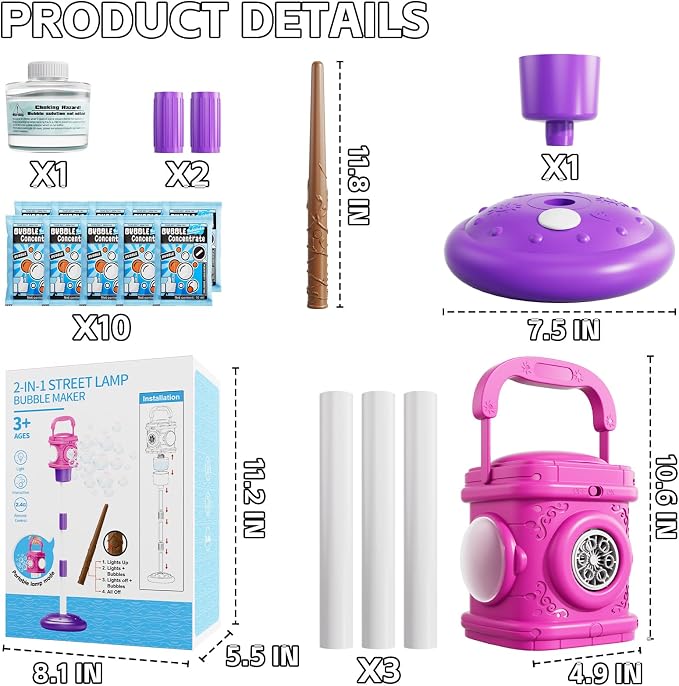 Bubble Machine for Kids, Remote Control Street Lamp Bubble Machine with Lights, Automatic Standing Bubble Tower, Outdoor Bubble Torch Toys for Wedding Summer Bubble Maker for Kids Ages 3 4 5 6 7 8 9