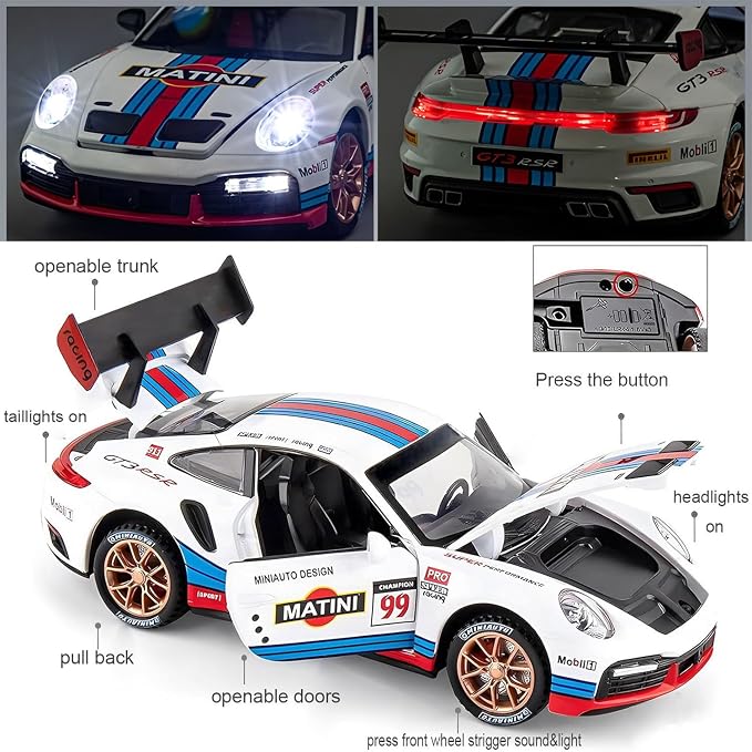Toy Cars for 911 GT3 RS RSR Turbo S, 1:32 Alloy Diecast Model Cars,Pull Back Car Toy with Light and Sound Gift Sports Race Car for Boys Age 3+ Gifts White