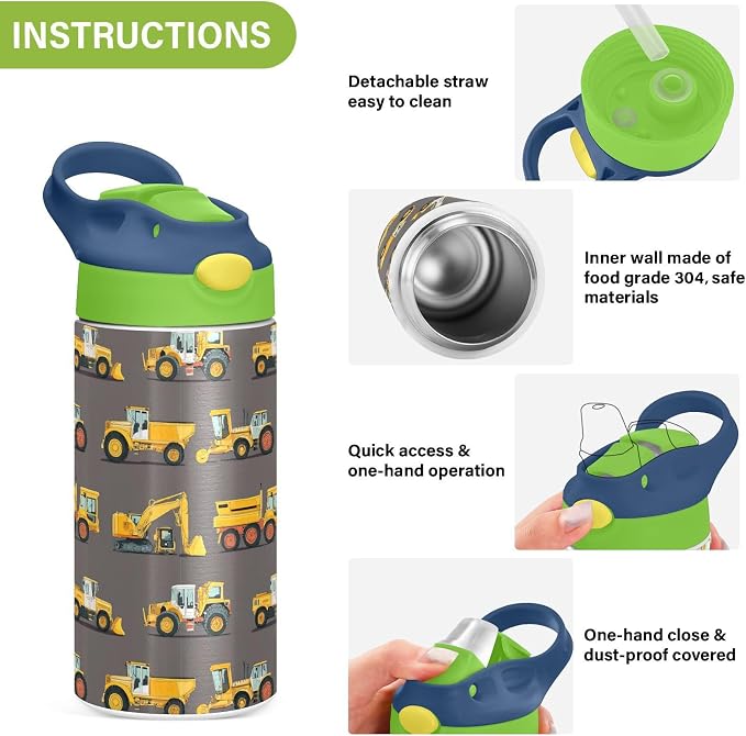 Boccsty Yellow Tractor Truck Kids Water Bottle with Straw Lid Car Insulated Stainless Steel Reusable Tumbler for Boys Girls Toddlers 12 oz Green