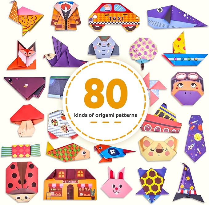 Gamenote Colorful Origami Kit for Kids 80 Projects 160 Double Sided Origami Paper, 100 Sheets Practice Papers Instructional Origami Book Origami Gift for 4+ Kids Adult Beginners Training Craft, Animal
