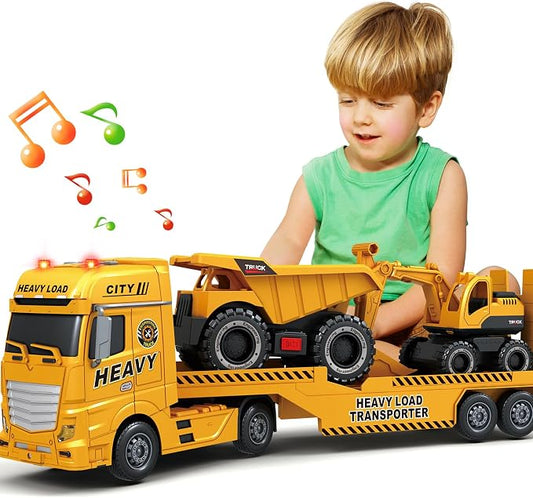 Bstoyder Toddler Boy Toys for 3 4 5 6 7 Years Kids, 25" Semi Construction Carrier Truck Toy with Excavator and Dump Truck, Friction Powered Toys with Lights and Sounds, Birthday for Boy Girls