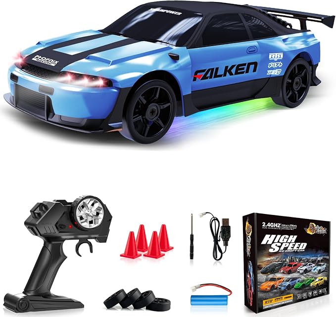 RC Drift Car 1:24 Remote Control Car 4WD 15KM/H High Speed Racing Sport Car with LED Lights RC Cars Toy for Kids Boys Girls Adults Gifts Birthday Christmas Rechargeable Batteries