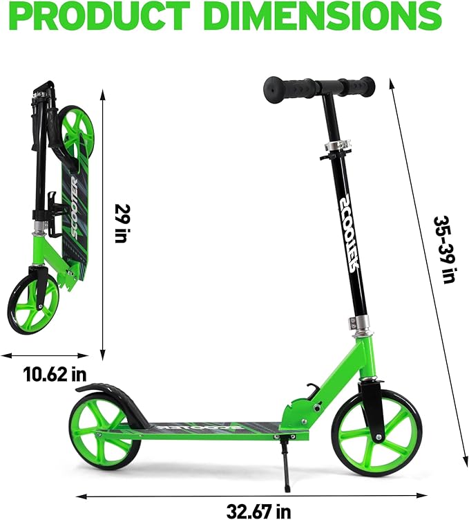 Scooter for Kids Ages 6+, Teens & Adults, Max Load 240 LBS, Foldable Kick Scooter with 8-inch Big Wheels, Kickstand, 3 Adjustable Levels, Rear Brake,