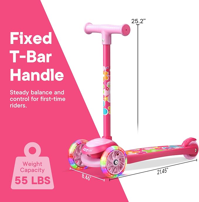 3 Wheel Scooter for Kids, Smooth Light Up LED Front Wheels, Wide Anti Slip Deck, Rear Foot Brake, Easy Lean to Steer Maneuvering, Indoor & Outdoor Ride On Toys for Ages 2 Up,