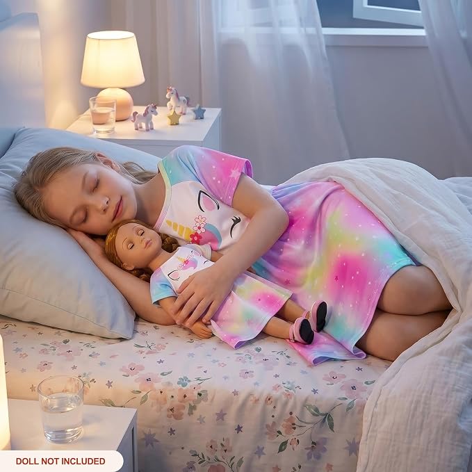 Play Tailor Doll and Girl Matching Nightgown Unicorn Outfit Pajamas Night Dress for Girls and 18" Dolls Clothes