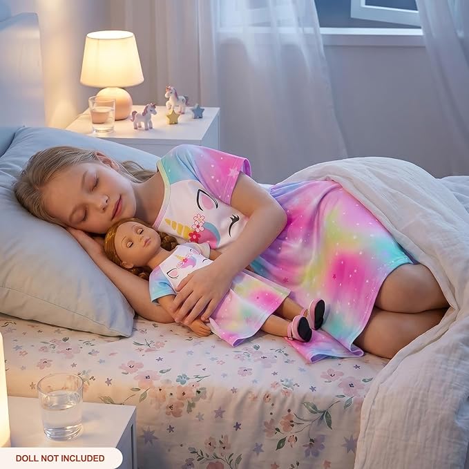 Play Tailor Doll and Girl Matching Nightgown Unicorn Outfit Pajamas Night Dress for Girls and 18" Dolls Clothes