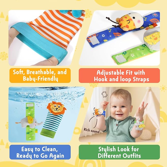 URMYWO Wrist Rattles for Baby - Rattle Socks - Foot Finder Set - Baby Toys for 0-12 Months Infant - Newborn Essentials - Early Learning Sensery Toys for Boy Girl as Shower Gifts
