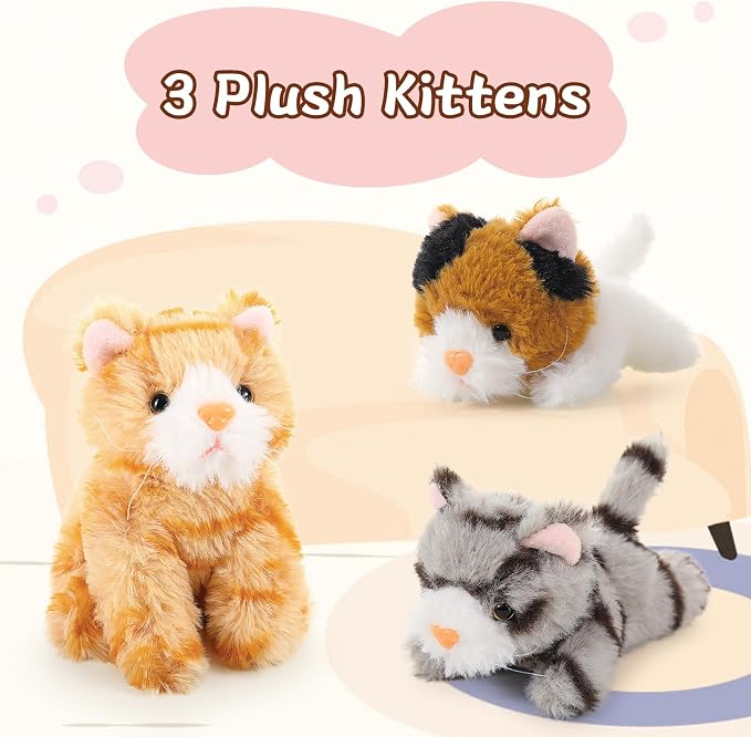 Muiteiur 4 Piece Cat Stuffed Animals, 15.7 inch Mom Plush Cat with 3 Kittens Stuffed in Zipper Pouch, Cute Yellow Mom and Baby Stuffed Cats for Kids Girls Boys