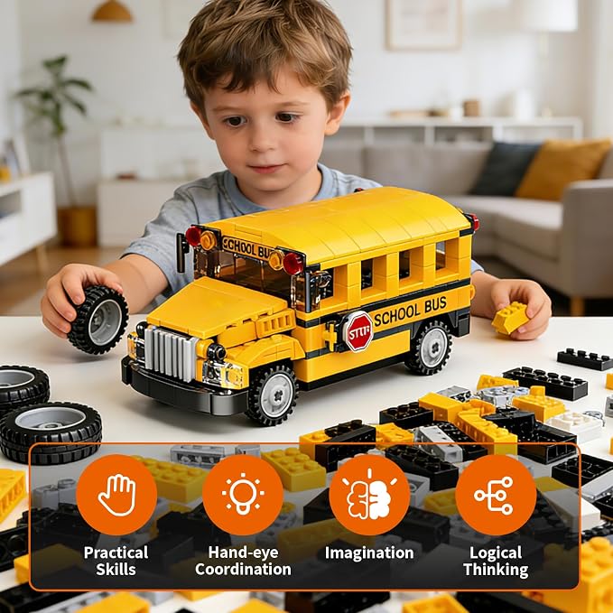 STEM Building Toys for 6 7 8 9 Years Old, 226PCS Remote Control RC School Bus Engineering Construction Kit, Educational Learning Blocks Set, Christmas Birthday Gift for Boys Girls Ages 8-12