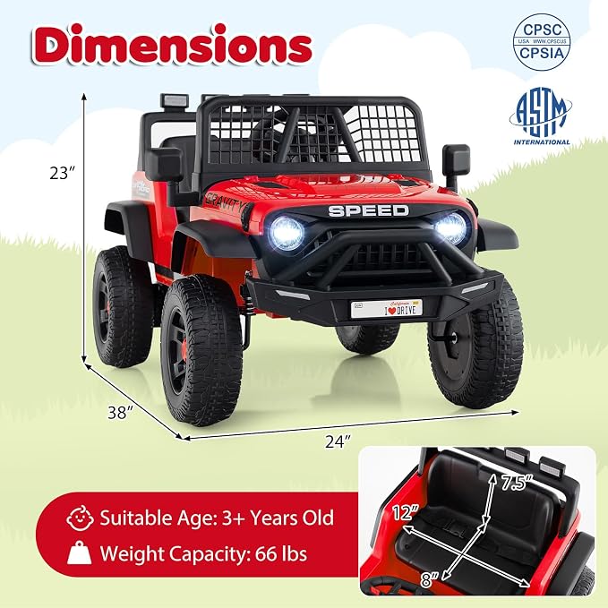 Costzon Ride on Truck, 24V Ride on Toys for Kids, Electric Vehicle with Parent Remote Control, Music, Horn, LED Headlights & Spring Suspension, Kids Car for Boys & Girls (24V,Red)