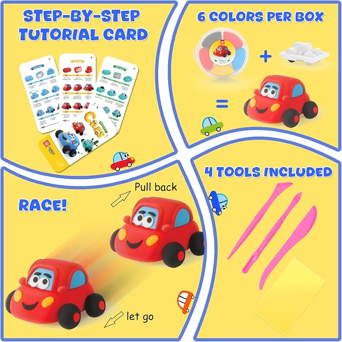 Air Dry Clay Kit for Kids - Pull Back Car Making, 3 Boxes Modeling Clay with Sculpting Tools, Base, Backing Board, Tutorial, Ultra Light & Soft, Non-Toxic & Safe, Creative DIY Arts and Crafts Toys