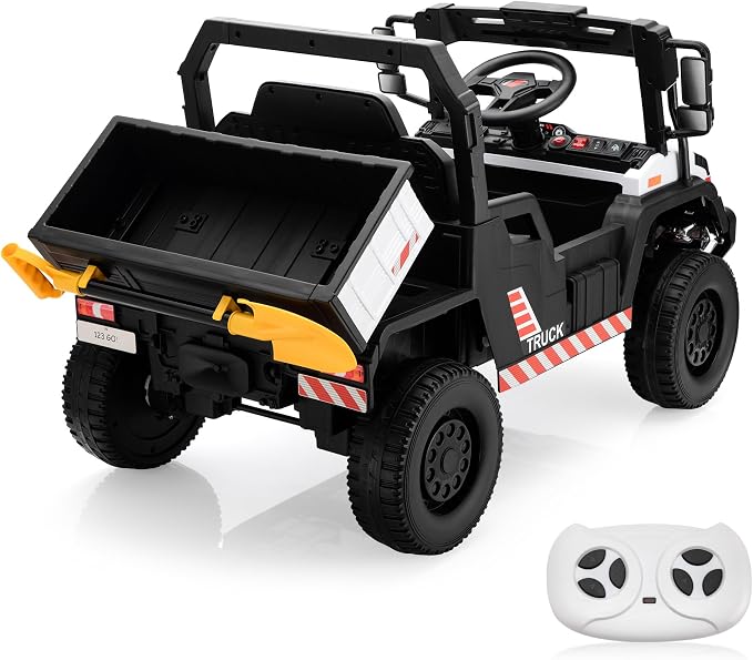 TOBBI 12V Electric Kids Dump Truck Toy, Toddlers Ride On Car with Parent Remote Control, Battery-Powered 4 Wheels Off-Road Vehicle to Drive with Auto Trailer/Horn/LED for Chirdren 3-8 Years-White