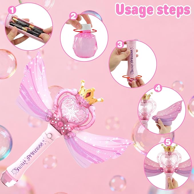 Princess Bubble Wand for Girls 3-12, Large Light Up Bubble Machine with Music, Detachable Sparkly Wings, Handheld Bubble Maker, Birthday Gift for Toddler Kids, Pink (Batteries Not Included)