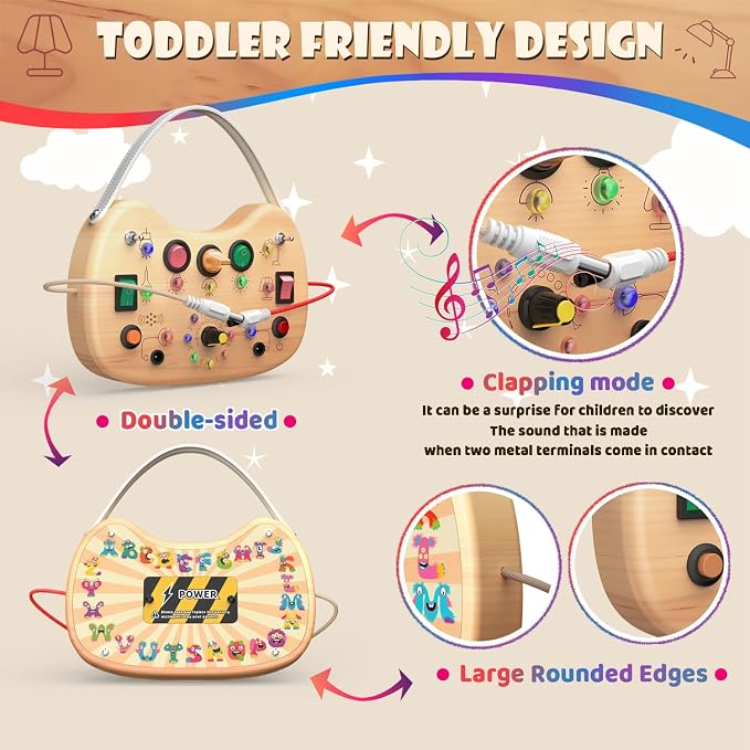 UdoUto Montessori Wooden Busy Board for Toddlers with LED Light Lights & Switches,Portable Activity Board for Car & Airplane Travel Toys, Christmas & Birthday Gift for 1-3 Year Old Boys & Girls