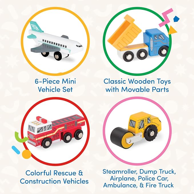 Battat – Miniature Toy Cars – 6 Pieces Wooden Minis – Classic Rescue & Construction Vehicles – Steamroller, Dump Truck – 3+ Years– Wooden Vehicles Set 2