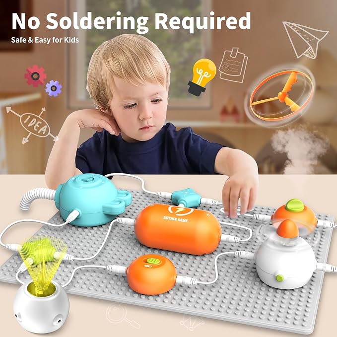 Electronic Circuit Building Blocks STEM Toy, 25PCS Modules with Fan, RGB Light & Flying Disc, 64 DIY Projects, No Soldering Tool-Free Science Kit, Educational Gift for Kids 3-12