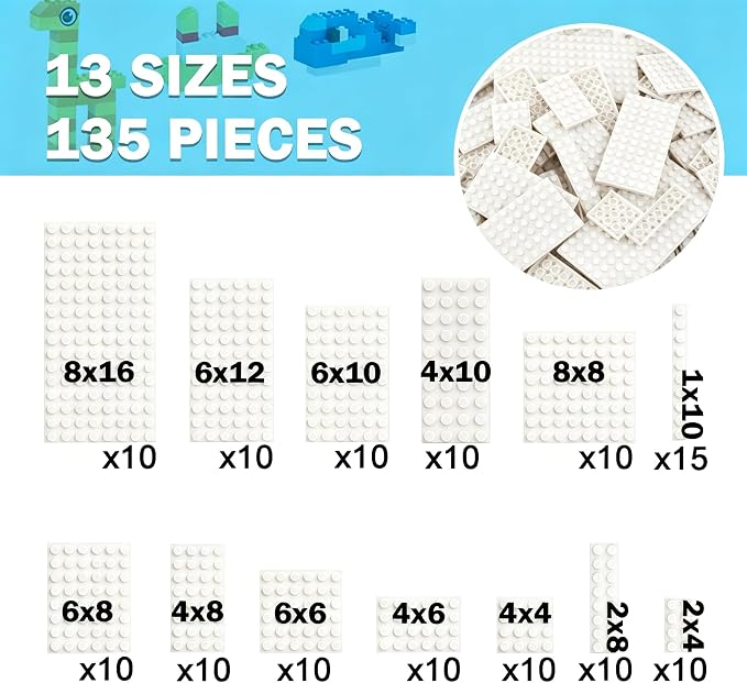 MALEKO White Classic Base Plates Multipack, 135 Pieces 13 Sizes Small Baseplates for Building Bricks, Flat Boards Compatible with Major Brands Blocks, White