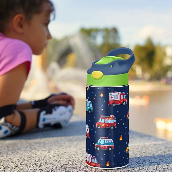 Boccsty Cartoon Ambulance Car Kids Water Bottle with Straw Lid Firefighter Fire Truck Insulated Stainless Steel Reusable Tumbler for Boys Girls Toddlers 12 oz Green