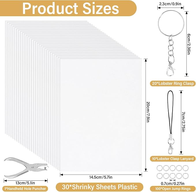 CRTWDMAN 161 Pcs Shrink Paper Keychain Kit,with 30 Pcs Shrink Plastic Sheets 7.9"x5.7",Hole Punch,Lobster Clasps,Jump Rings DIY Crafts for Teens