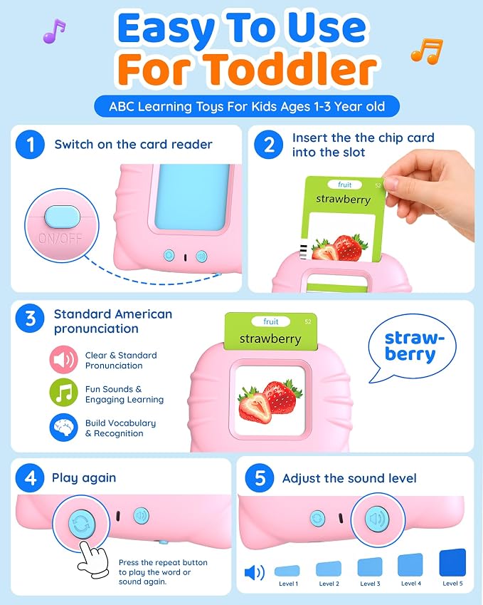 Aullsaty Talking Flash Cards for Toddlers Ages 1-3, 224 Words Montessori Speech Therapy Toys, Autism Sensory Toy, Educational Learning Speech Therapy Birthday Gifts for Boys Girls (Pink)