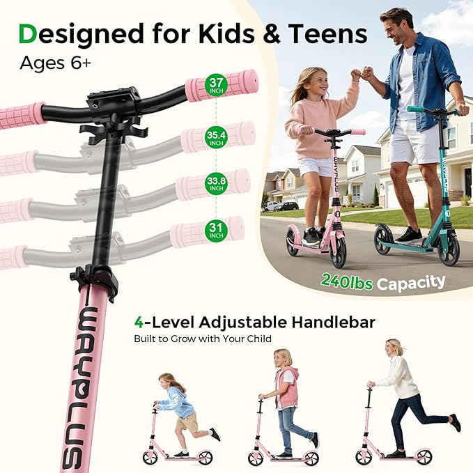 WAYPLUS KS1 Kick Scooter for Ages 6+,Kid, Teens & Adults. Max Load 240 LBS. Foldable, Lightweight, 8IN Big Wheels for Kids, Teen and Adults, 4 Adjustable Levels. Bearing ABEC9 FED Fitness