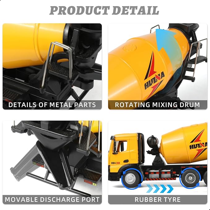 Concrete Mixer Truck, Metal 1:50 Scale Diecast Realistic Construction Trucks Toy with Rotating Drum for Boys Indoor, Outdoor, Sand and Snow Play