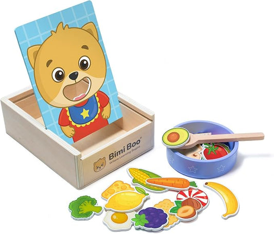 Bimi Boo Wooden Feeding Toy - Montessori Scooping & Fine Motor Toy for Toddlers 1-4 | Speech Therapy & Occupational Therapy Pretend Play Food Set | 27 Foods, Spoon & Bowl