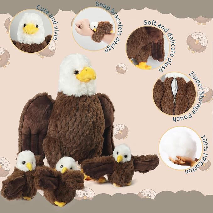 4 Pcs Bald Eagle Stuffed Animal, 14" Zippered Large Mommy Stuffed Eagle Plush with 3 Baby Bald Eagles Toys, Wild Zoo Animals Gifts for Kids Boys Girls Birthday Christmas