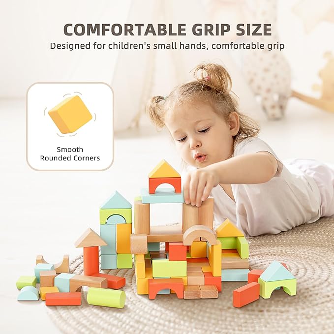 100pcs Building Blocks for Toddlers 1-3, Wooden Blocks for Kids with Storage Bucket and Shape Sorter, Stacking Toys or 1 2 3 Year Old, Learning Toys for Preschool Girls and Boys