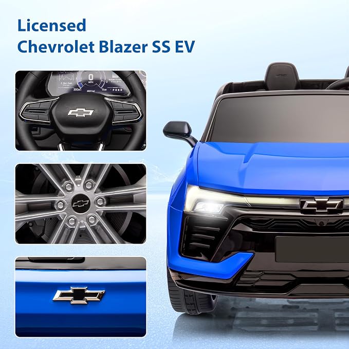 2-Seater 24V Electric Car for Big Kids, Licensed Blazer Chevrolet Ride on Car w/Parent Remote Control, Music, Headlights & Spring Suspension, Battery Powered Ride-on Toy for Kids Ages 3-8, Blue