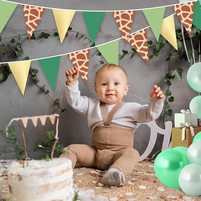 Tiamon 5 Pcs Safari Birthday Banner Decorations Giraffe Animals Green Jungle Wild One Pennant Bunting Printed Triangle Flag for Jungle Wild Baby Shower Zoo Giraffe Birthday Party Decor Supplies