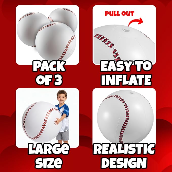 24-Inch Giant Beach Balls - (3-Pack) Inflatable Baseball Beach Balls - Extra Large Blow Up Pool Balls for Kids, Summer Pool Toys, Baseball Party Decorations & Sports Theme Decorations