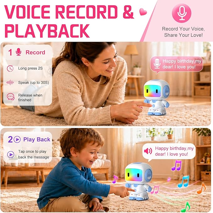 Robot Toys for Kids Ages 3-6, Mini Backpack Remote Control Robot with Voice Recording & Repeat, LED Light-Up Face, Music Dance, Programmable Actions, STEM Toy Gifts for Boys Girls