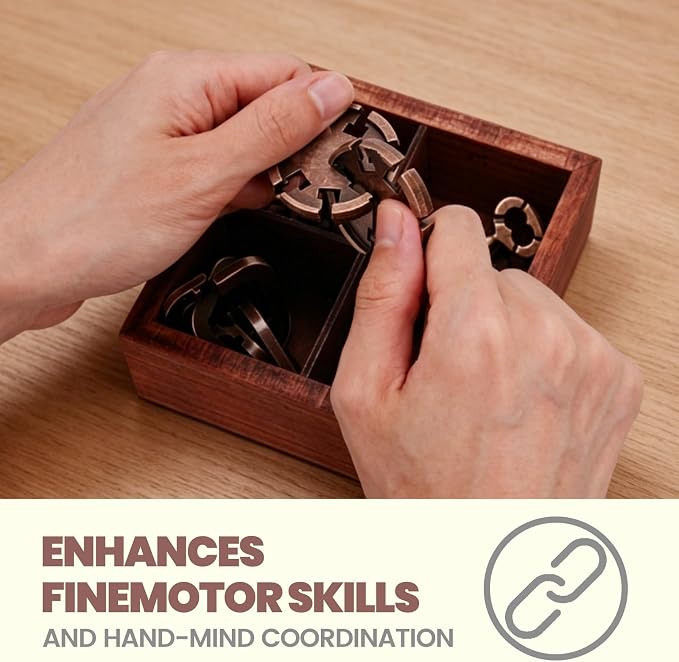 Metal Brain Teaser Puzzles for Adults Teens - Brain Teaser Puzzles with Wooden Box 3D Puzzle Game Toys for Adults Teens - Unlock Interlocking Puzzle Adults Teens IQ Education Smart Toys