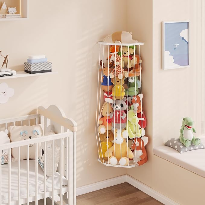 BBLlKE Stuffed Animal Storage Zoo - Corner Plush Toy Organizer Length Adjustable, Wall Hanging Stuffed Animal Net Holder for Nursery Playroom Bedroom Kids Room, White