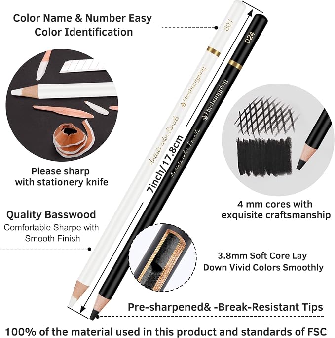 White and Black Color Pencils Drawing Set, 6 pcs White and 6 pcs Black Colored Sketching Pencils for Drawing, Sketching, Shading, Blending for Beginners & Artists