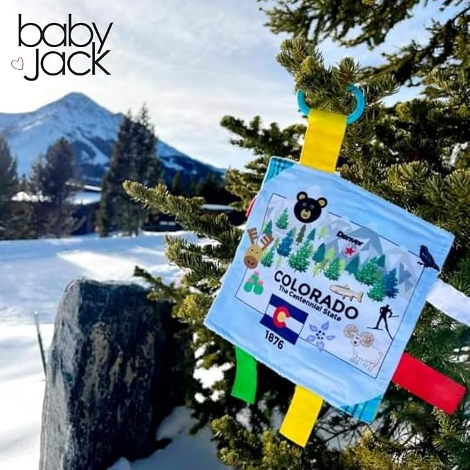 Baby Jack & Co 8x8” Learning Lovey Colorado State Tag Stroller Toy for Babies - Crinkle Toys for Developing Five Senses - Learn About Capitals - Travel with Baby Jack - BPA Free Clip