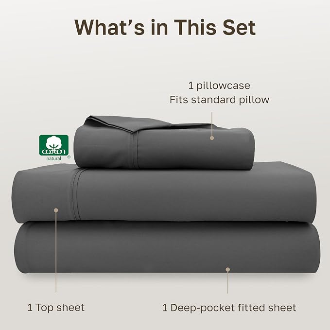 California Design Den Soft 100% Cotton Twin Sheet Set, 400 Thread Count Good Housekeeping Award Winner, Silky Smooth Sateen Weave, Refined Cotton Bed Sheet Set - Grey