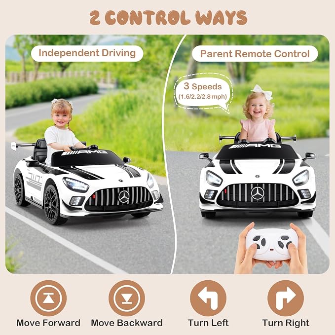 Costzon Ride on Car, 12V Licensed Mercedes-AMG GT3 Kids Car with Remote Control, 3 Speeds, LED Lights, Music, Wireless, Transport Wheels & Soft Start, Electric Vehicle for Toddlers Aged 3+ (White)