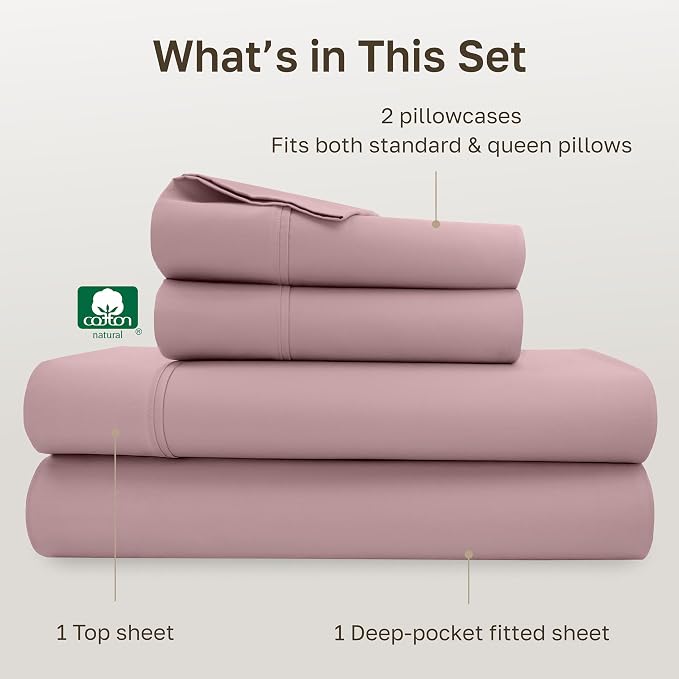 California Design Den Soft 100% Cotton Sheets Queen Size Set, 400 Thread Count Good Housekeeping Award Winner, Smooth Sateen Finish with Deep Pockets, Cozy and Durable Cotton Bedding Set - Mauve